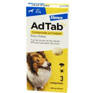 ADTAB 900mg de Lotilaner Antiparasitaire Interne Chien de 22 à 45Kg  - 3 Comprimés à Croquer