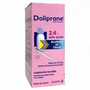 Doliprane 2,4% sans sucre, suspension buvable édulcorée au maltitol liquide et au sorbitol