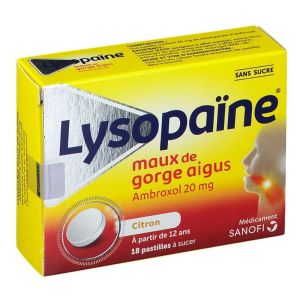 LYSOPAÏNE MAUX DE GORGE AMBROXOL CITRON 20 mg SANS SUCRE, pastille édulcorée au sorbitol et au sucra