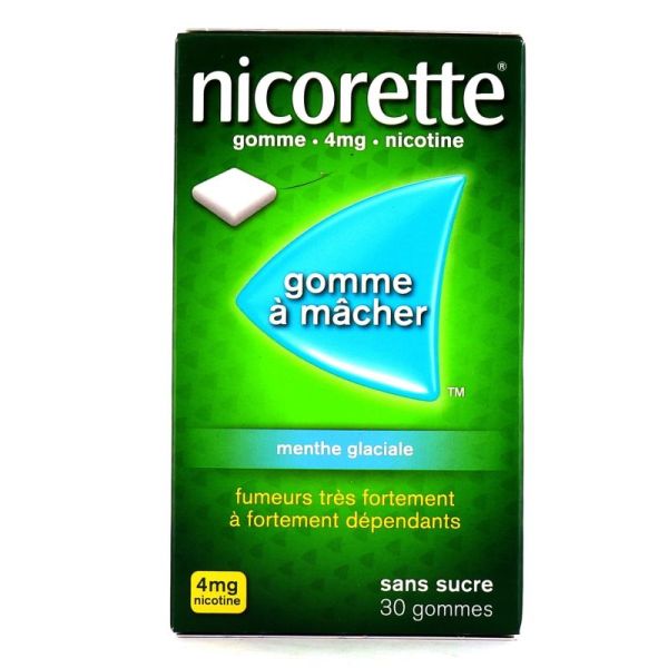 NICORETTE MENTHE GLACIALE 4 mg SANS SUCRE, 30 gommes à mâcher médicamenteuses