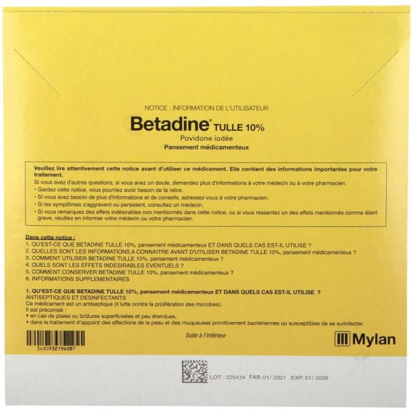 BETADINE TULLE 10%, pansement médicamenteux