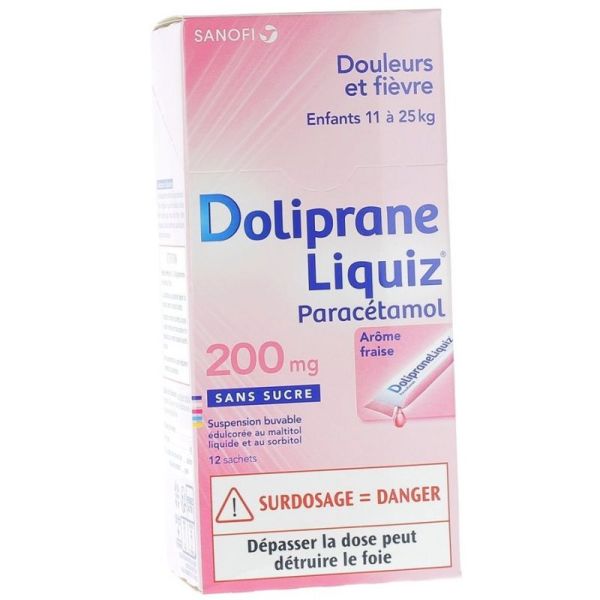 Dolipraneliquiz 200 mg SANS SUCRE suspension buvable en sachet édulcorée au maltitol et sorbitol