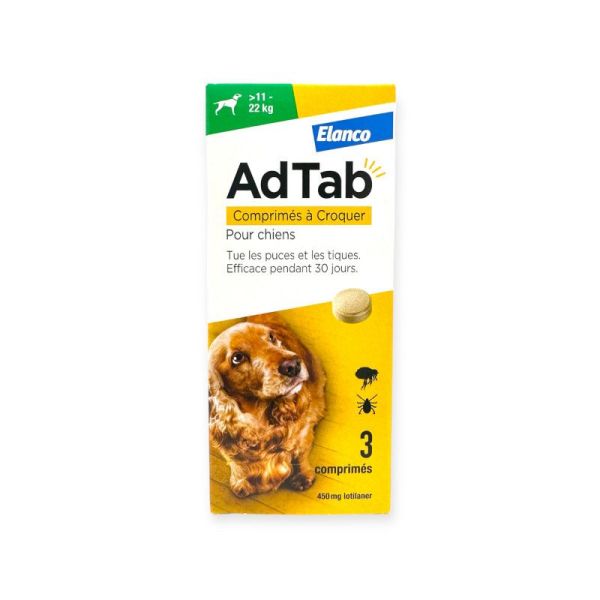 ADTAB 450mg de Lotilaner Antiparasitaire Interne Chien de +11 à 22kg - 3 Comprimés à Croquer