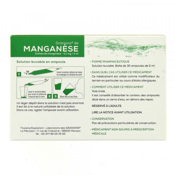 GRANIONS DE MANGANESE 0,1 mg/2 ml, solution buvable en ampoule 30