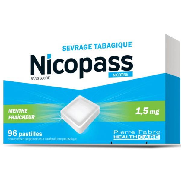 NICOPASS 1,5 mg SANS SUCRE MENTHE FRAICHEUR, pastille édulcorée à l'aspartam et à l'acésulfame potassique