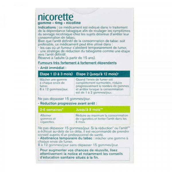 Nicorette 4 mg sans sucre, 105 gommes à mâcher médicamenteuse