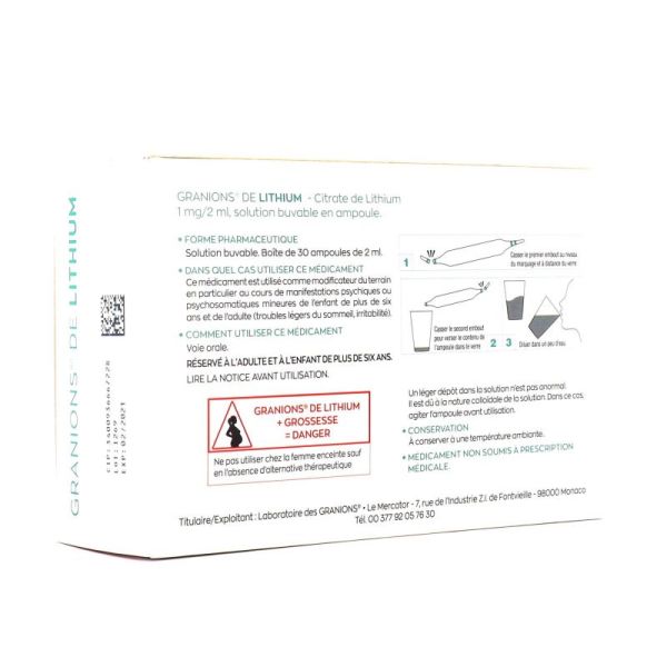 GRANIONS DE LITHIUM 1 mg/ 2 ml, solution buvable en ampoule 30